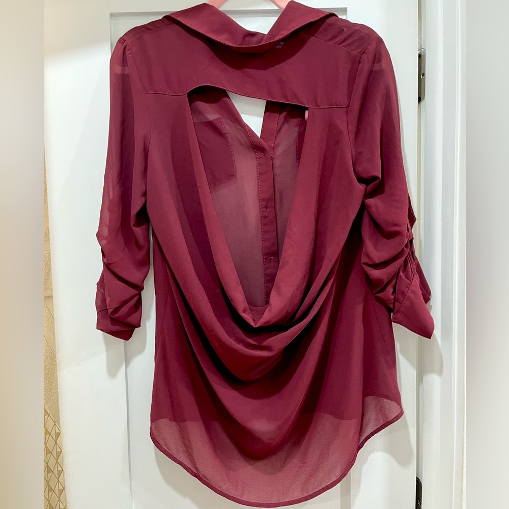 Ruched Cowl Neck Backless Blouse Long Sleeve Top